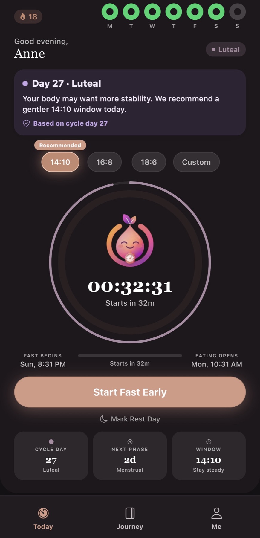 SheFast iPhone Today screen showing a cycle-aware fasting timer